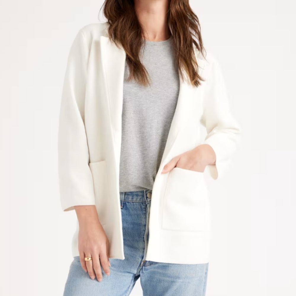 Quince 100% Organic Cotton Knit Blazer Ivory White Cream Cardigan